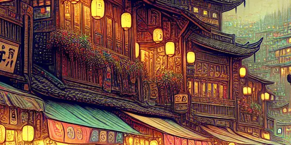 A lively Shaanbei marketplace blending local culture with playful elements inspired by Japanese adult film aesthetics.